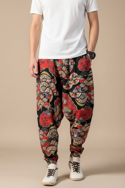 Pantalon Chinois Harem Imprimé Éventails Coton Lin Homme