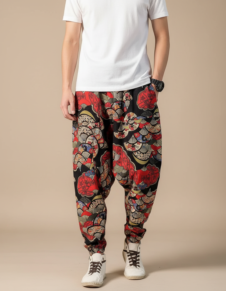 Pantalon Chinois Harem Imprimé Éventails Coton Lin Homme