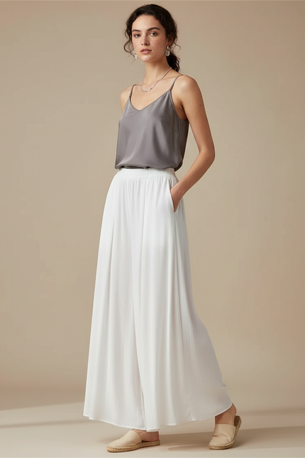Pantalon Chinois Blanc Plissé Ample Fluide Élégant - Polyester