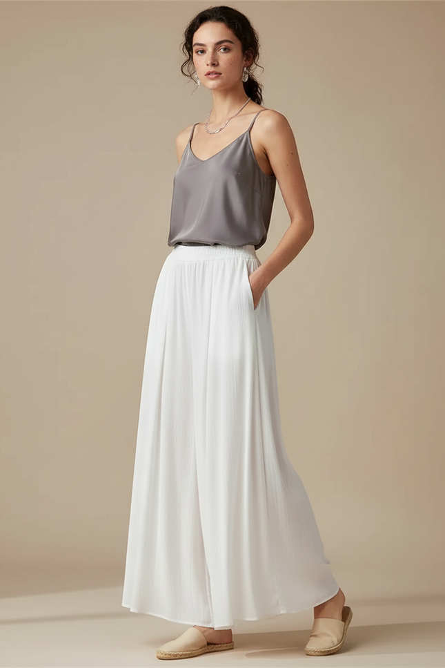 Pantalon Chinois Blanc Plissé Ample Fluide Élégant - Polyester