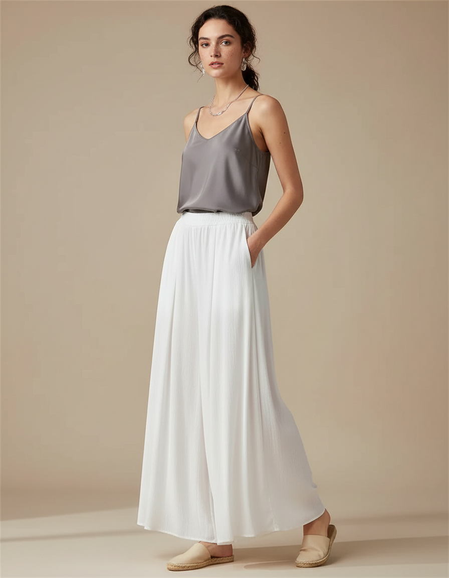 Pantalon Chinois Blanc Plissé Ample Fluide Élégant - Polyester