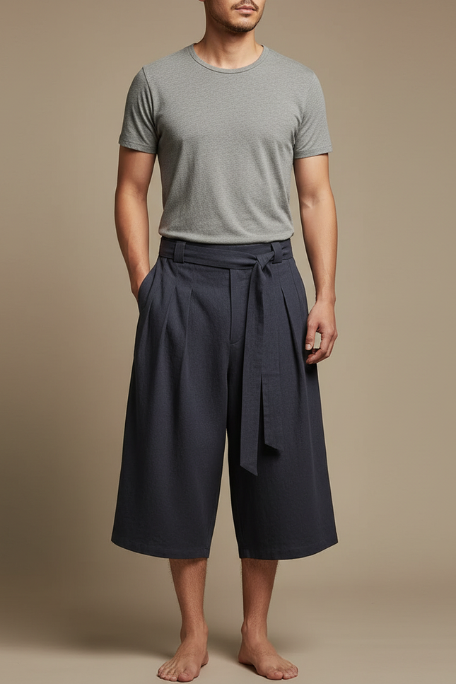 Pantalon Chinois Ample Ceinturé Lin Coton Décontracté - Marine