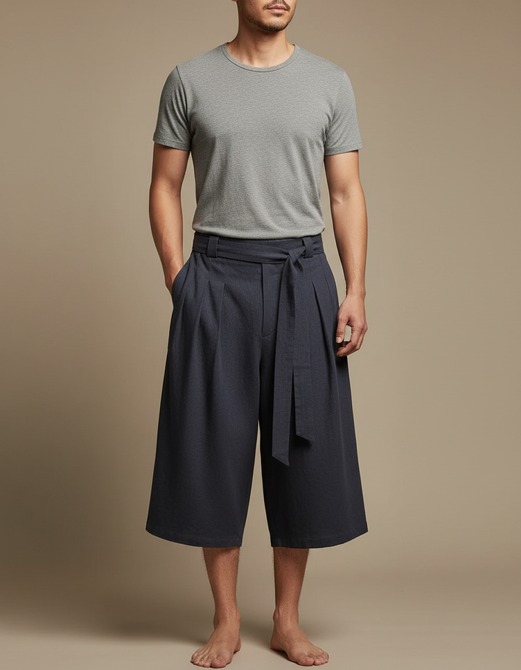 Pantalon Chinois Ample Ceinturé Lin Coton Décontracté - Marine