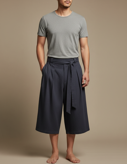 Pantalon Chinois Ample Ceinturé Lin Coton Décontracté - Marine