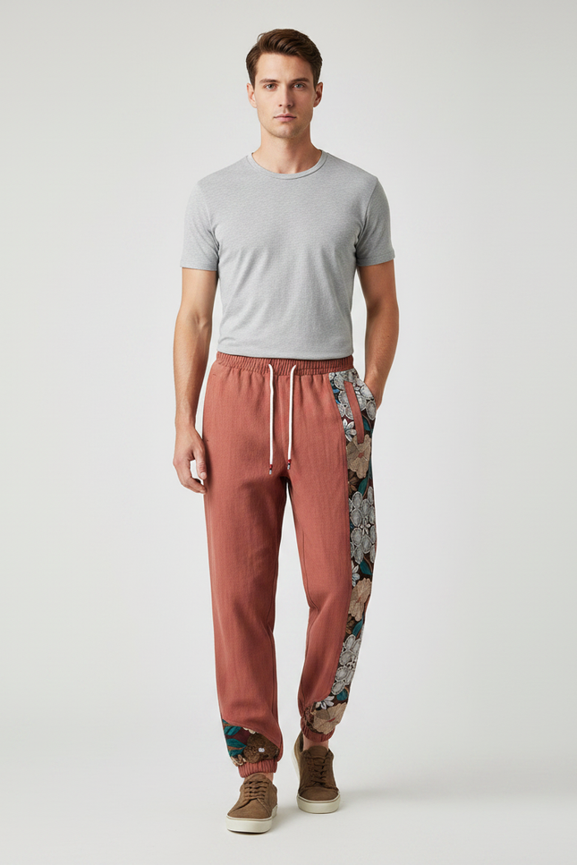 Pantalon Chinois Harem Brodé Floral Décontracté Homme - Rouge Lin