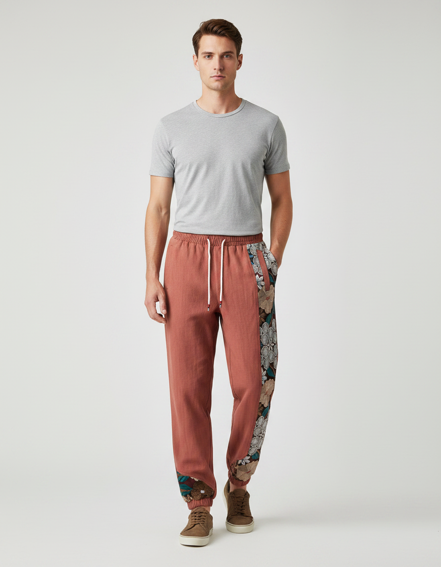 Pantalon Chinois Harem Brodé Floral Décontracté Homme - Rouge Lin