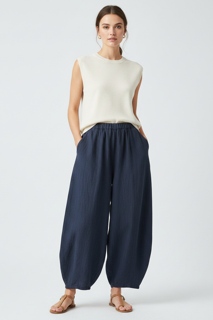 Pantalon Chinois Bleu Marine Ample Lin Fluide Confortable