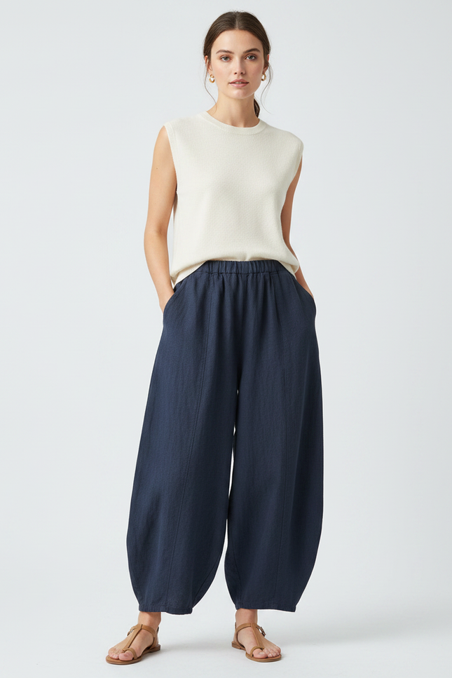 Pantalon Chinois Bleu Marine Ample Lin Fluide Confortable