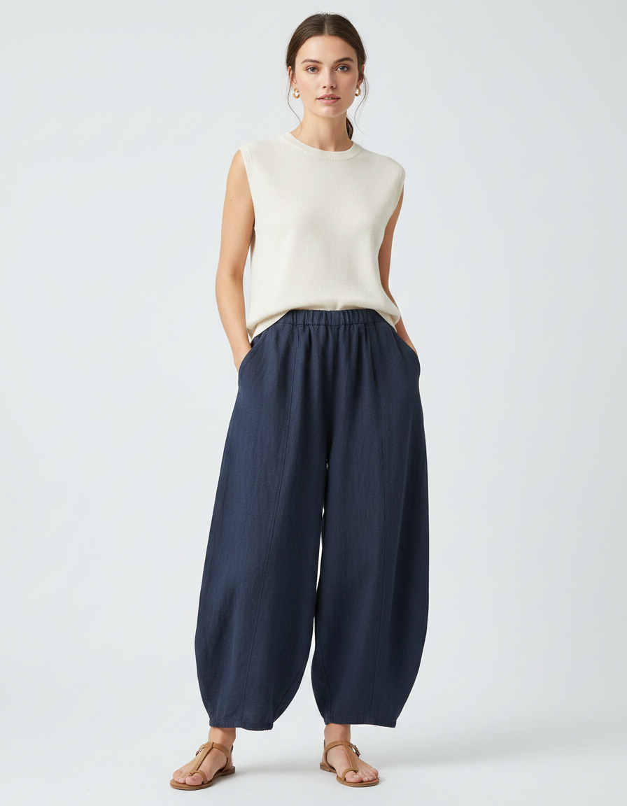 Pantalon Chinois Bleu Marine Ample Lin Fluide Confortable