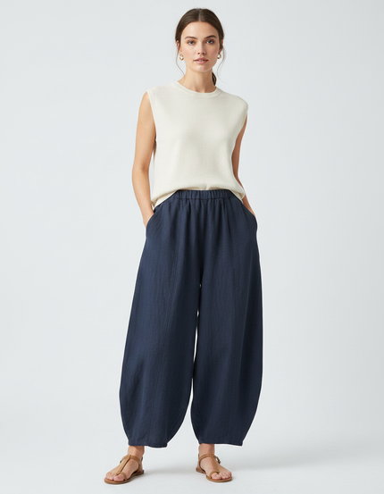 Pantalon Chinois Bleu Marine Ample Lin Fluide Confortable