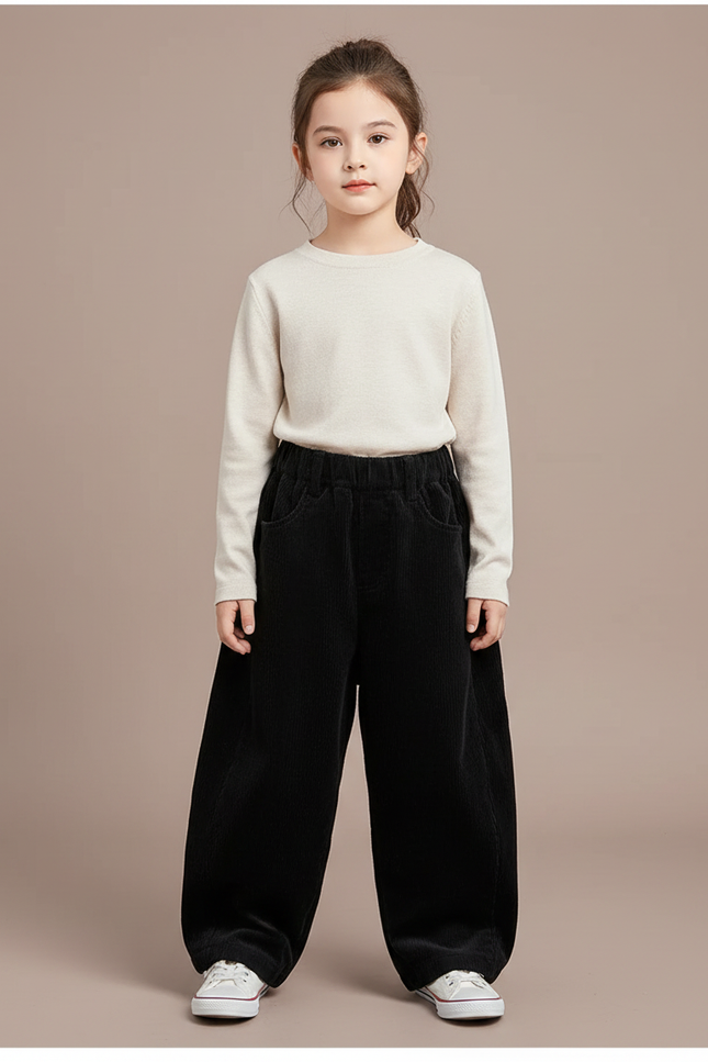 Pantalon Chinois Côtelé Noir Ample Enfant Décontracté - Cordé
