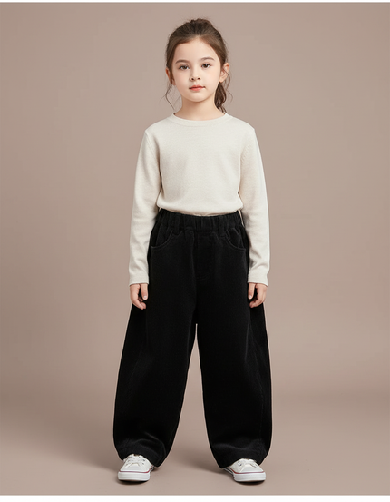 Pantalon Chinois Côtelé Noir Ample Enfant Décontracté - Cordé