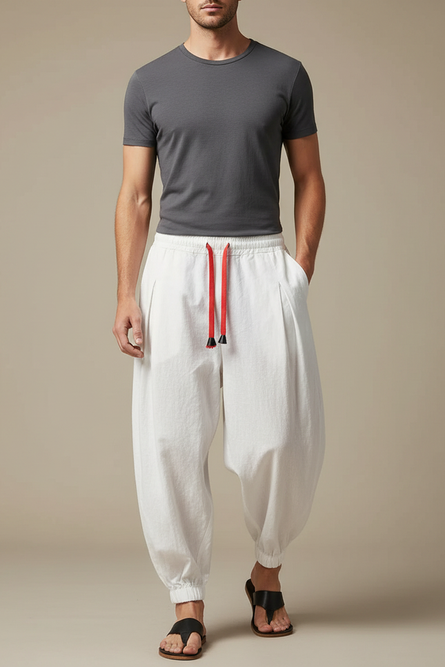 Pantalon Chinois Blanc Harem Lin Cordon Homme