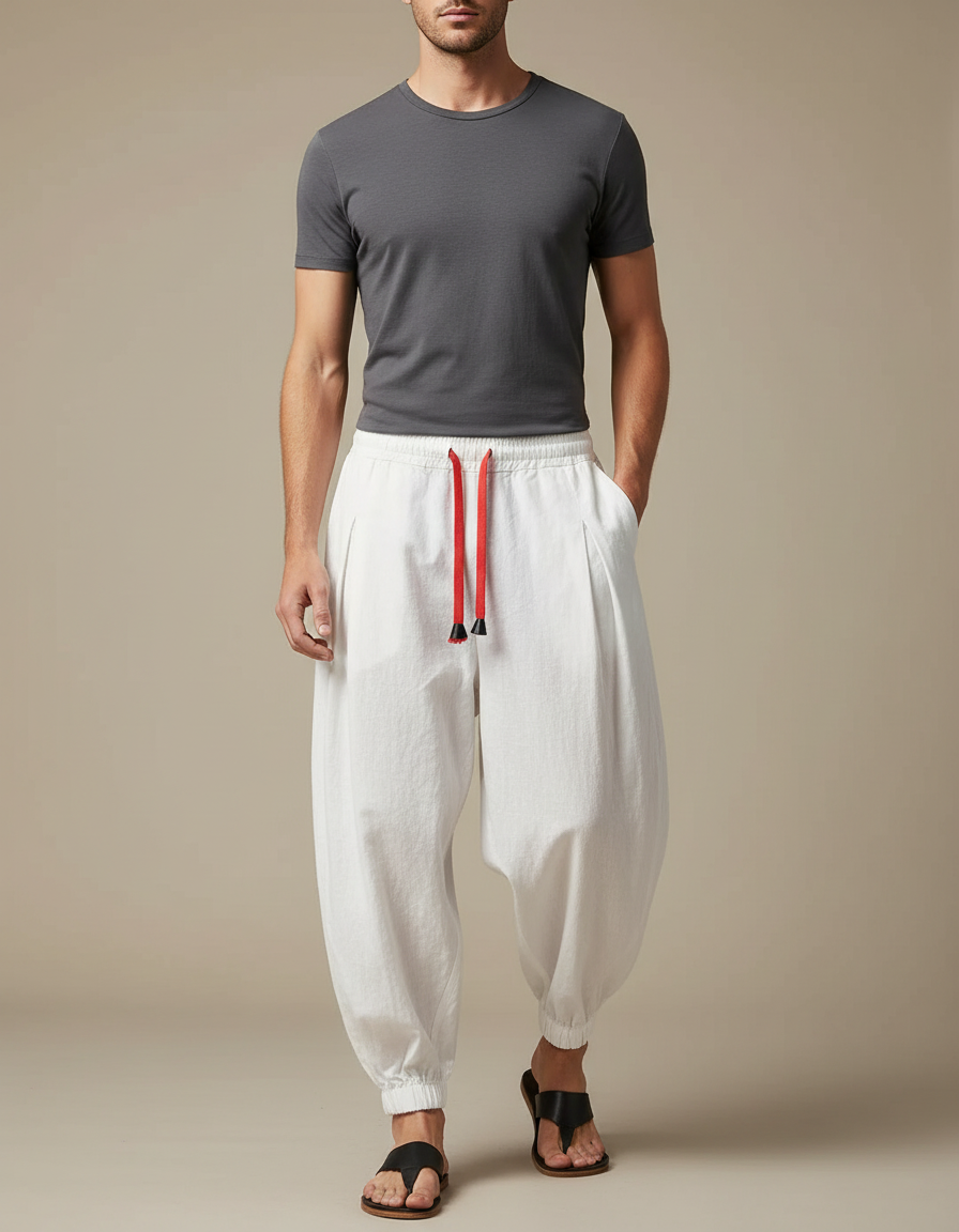 Pantalon Chinois Blanc Harem Lin Cordon Homme