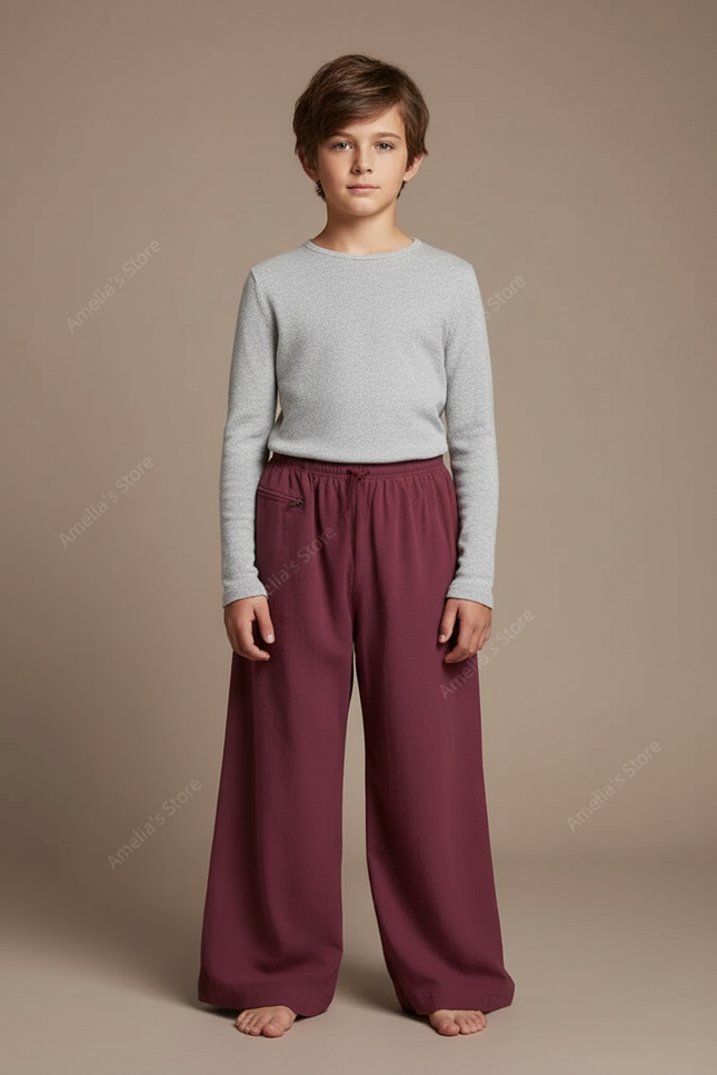 Pantalon Chinois Bordeaux Ample Lin Enfant