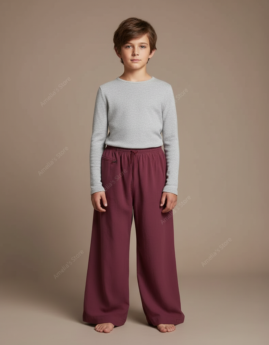 Pantalon Chinois Bordeaux Ample Lin Enfant