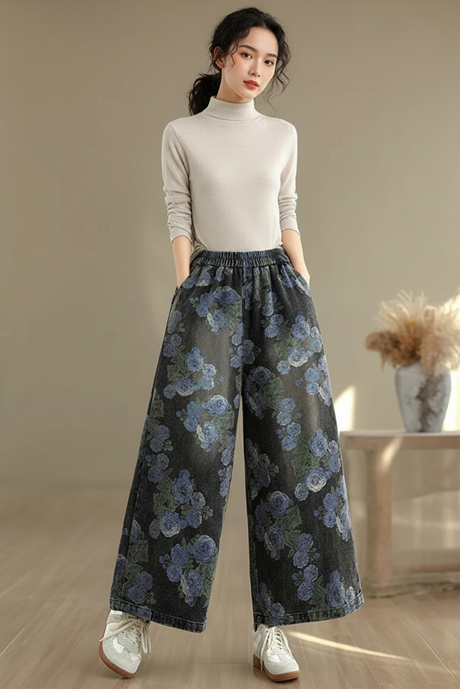 Pantalon Chinois Denim Fleuri Ample Décontracté Élastique - Multicolore Jean