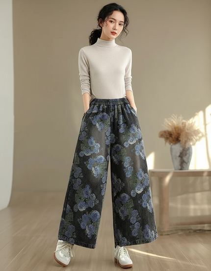 Pantalon Chinois Denim Fleuri Ample Décontracté Élastique - Multicolore Jean