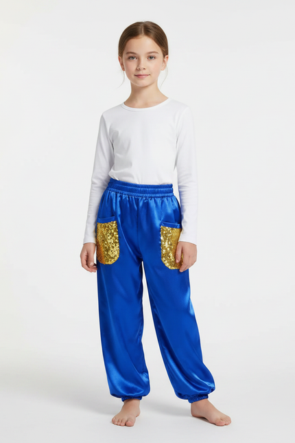 Pantalon Chinois Bleu Satiné Sequin Enfant Ample