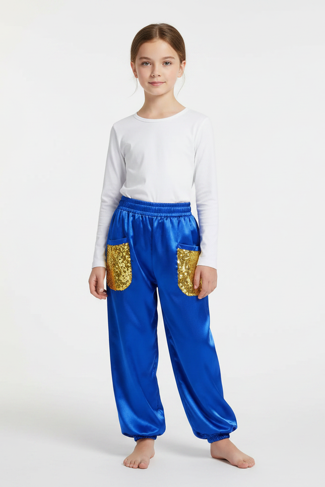 Pantalon Chinois Bleu Satiné Sequin Enfant Ample