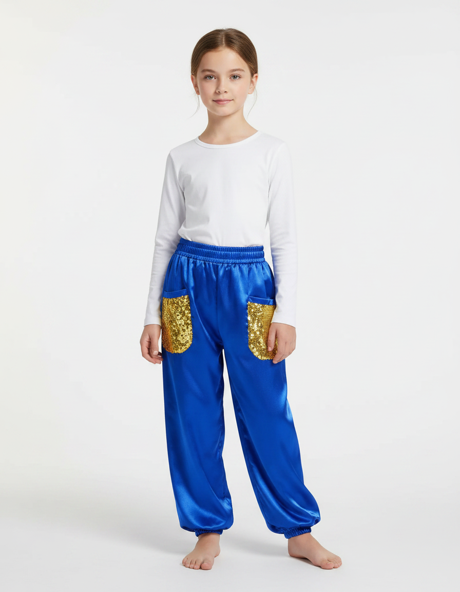 Pantalon Chinois Bleu Satiné Sequin Enfant Ample