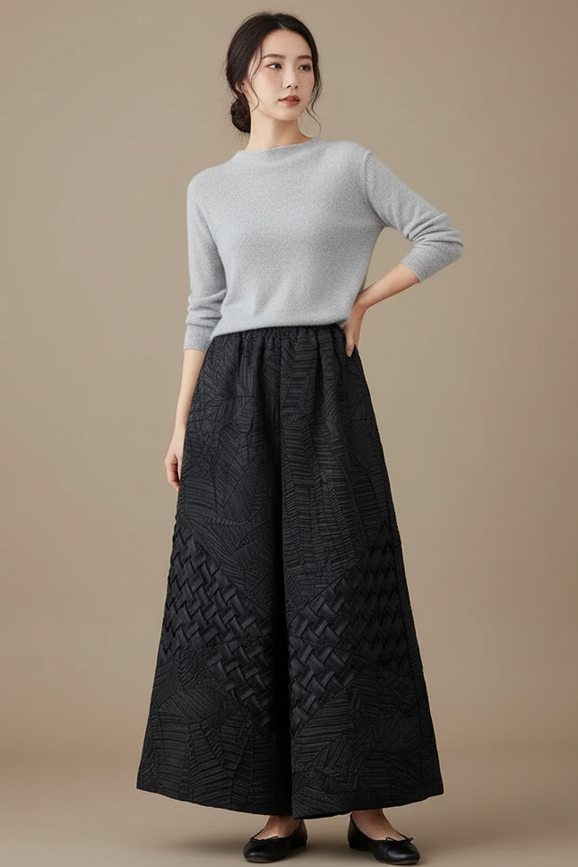 Pantalon Chinois Noir Ample Texturé Élégant Femme - Polyester