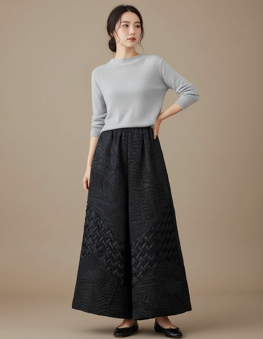 Pantalon Chinois Noir Ample Texturé Élégant Femme - Polyester