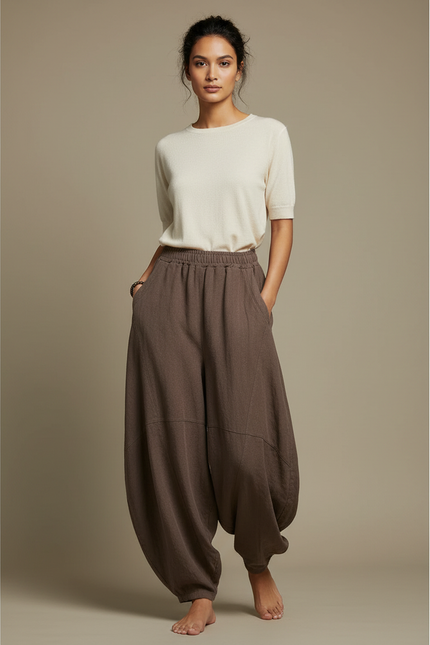 Pantalon Chinois Marron Ample Coton Lin Harem Vintage