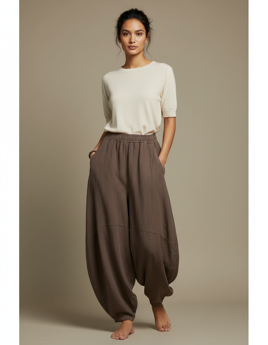 Pantalon Chinois Marron Ample Coton Lin Harem Vintage