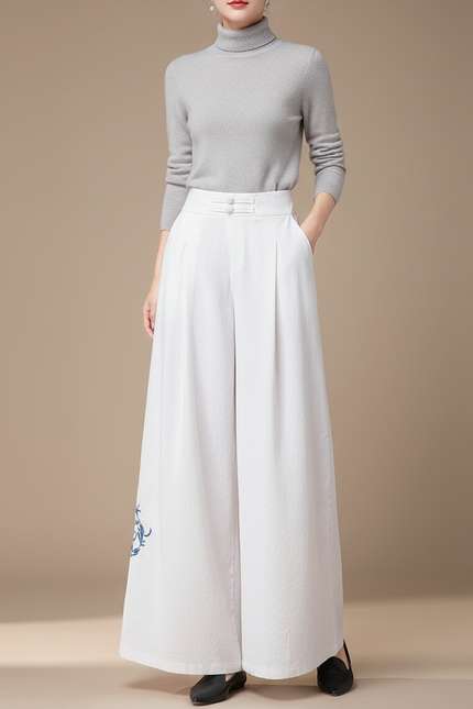 Pantalon Chinois Blanc Ample Brodé Femme - Laine