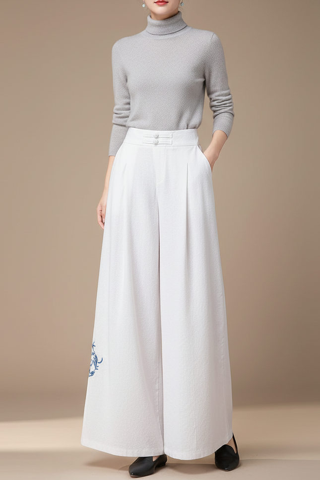 Pantalon Chinois Blanc Ample Brodé Femme - Laine