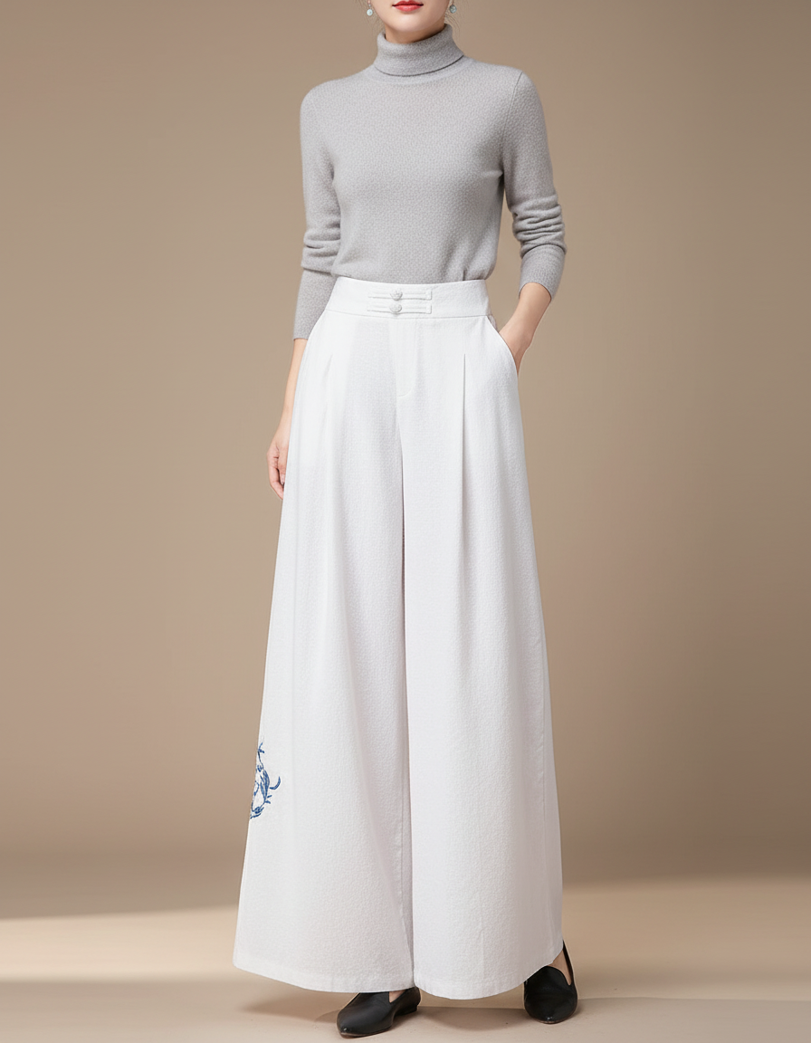 Pantalon Chinois Blanc Ample Brodé Femme - Laine
