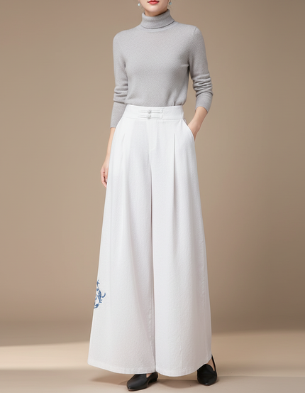 Pantalon Chinois Blanc Ample Brodé Femme - Laine