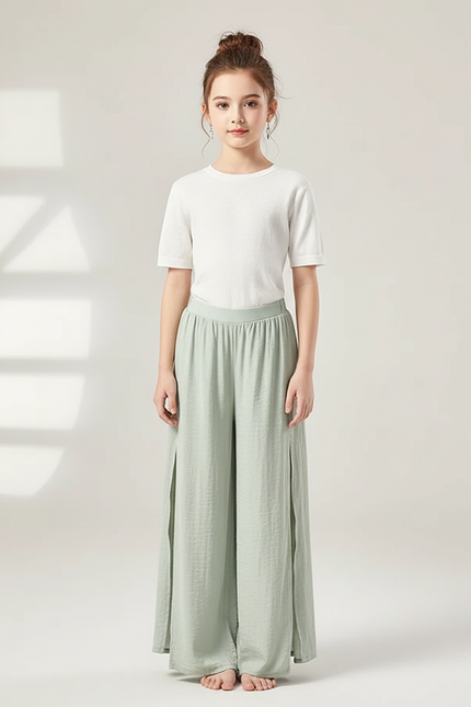 Pantalon Chinois Vert Clair Fluide Fendu Danse - Viscose