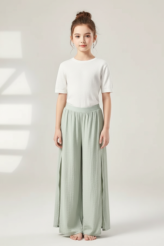 Pantalon Chinois Vert Clair Fluide Fendu Danse - Viscose