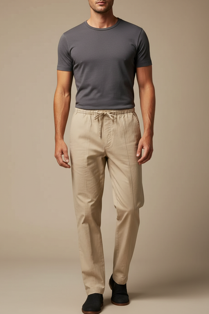 Pantalon Chinois Beige Coton Cordon Décontracté Homme