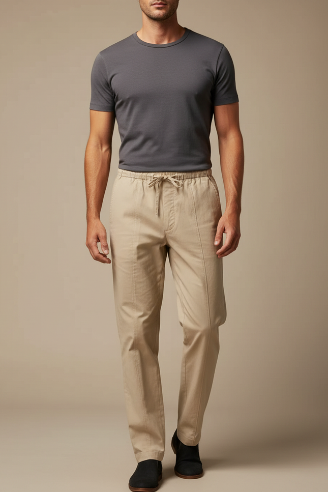 Pantalon Chinois Beige Coton Cordon Décontracté Homme