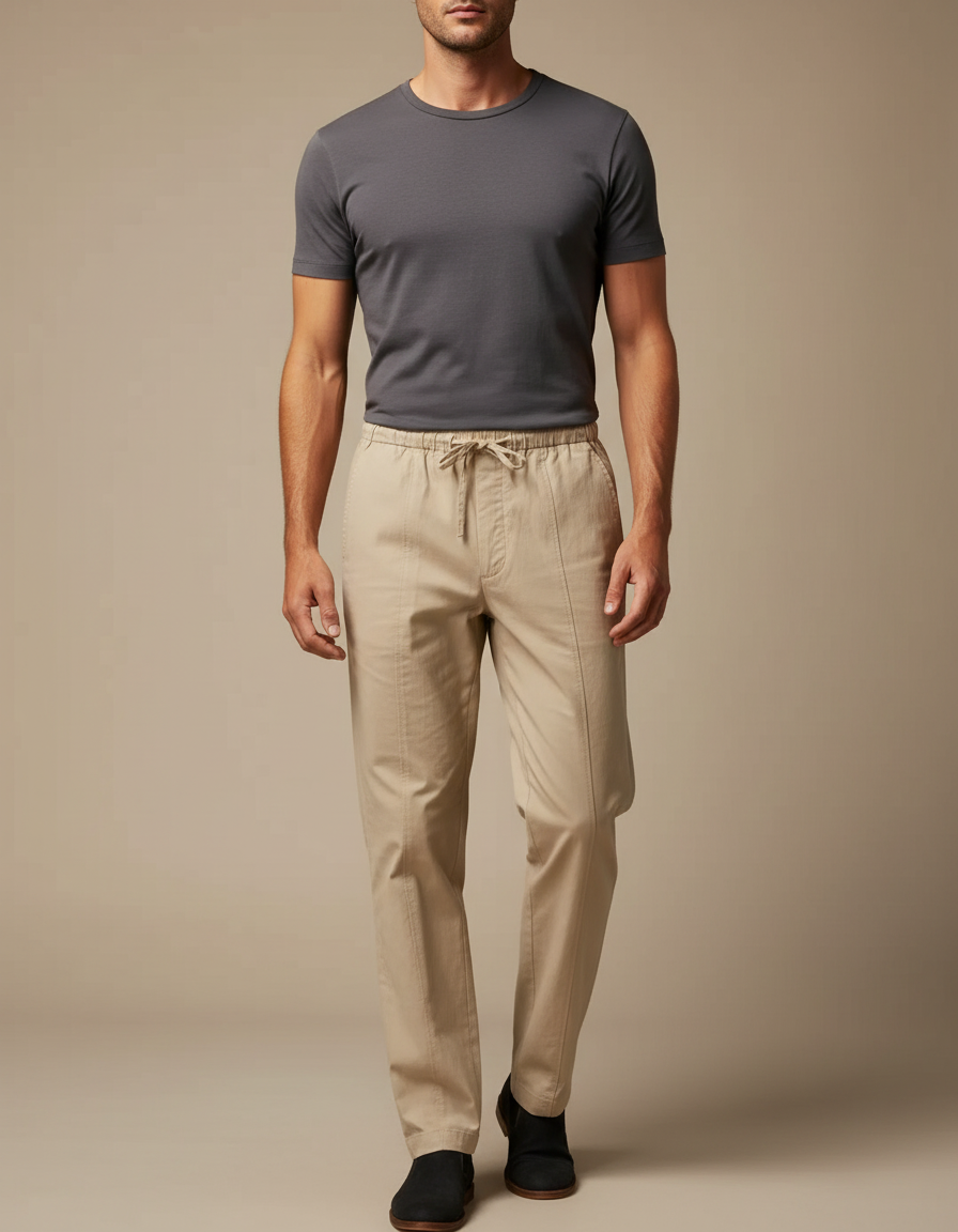 Pantalon Chinois Beige Coton Cordon Décontracté Homme