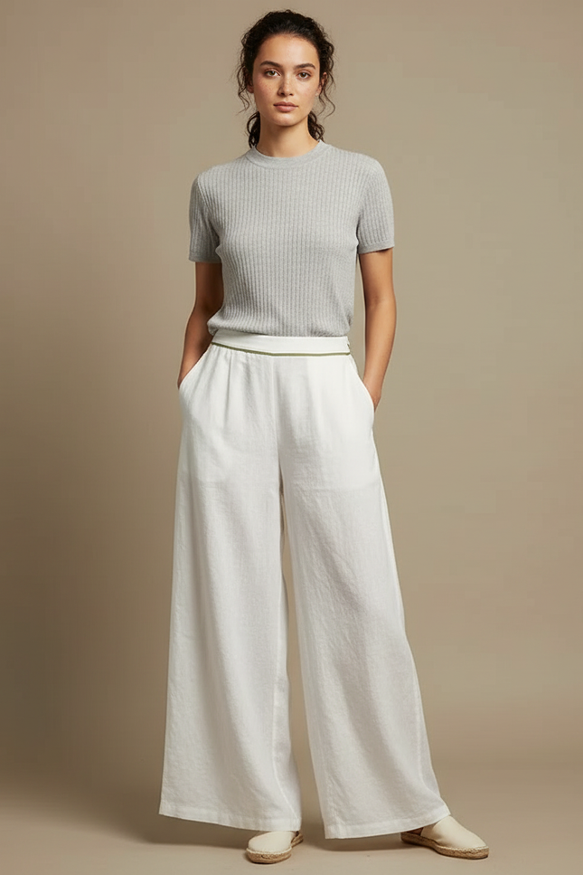 Pantalon Chinois Blanc Ample Fluide Décontracté Femme - Lin