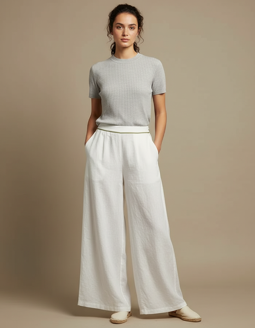 Pantalon Chinois Blanc Ample Fluide Décontracté Femme - Lin
