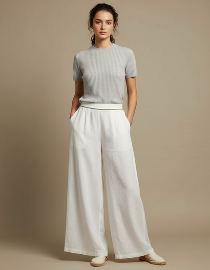 Pantalon Chinois Blanc Ample Fluide Décontracté Femme - Lin