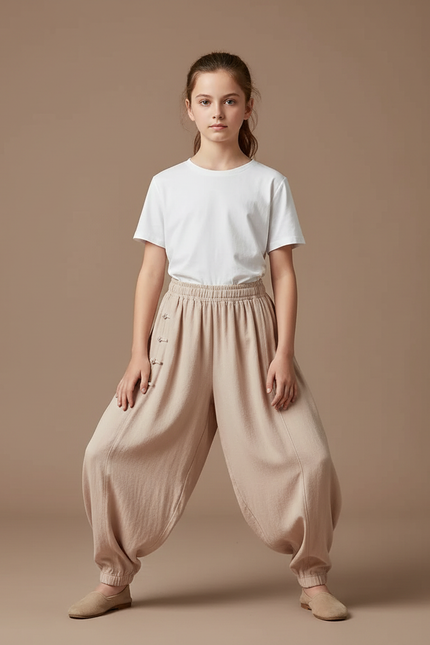 Pantalon Chinois Beige Ample Coton Boutons Traditionnel