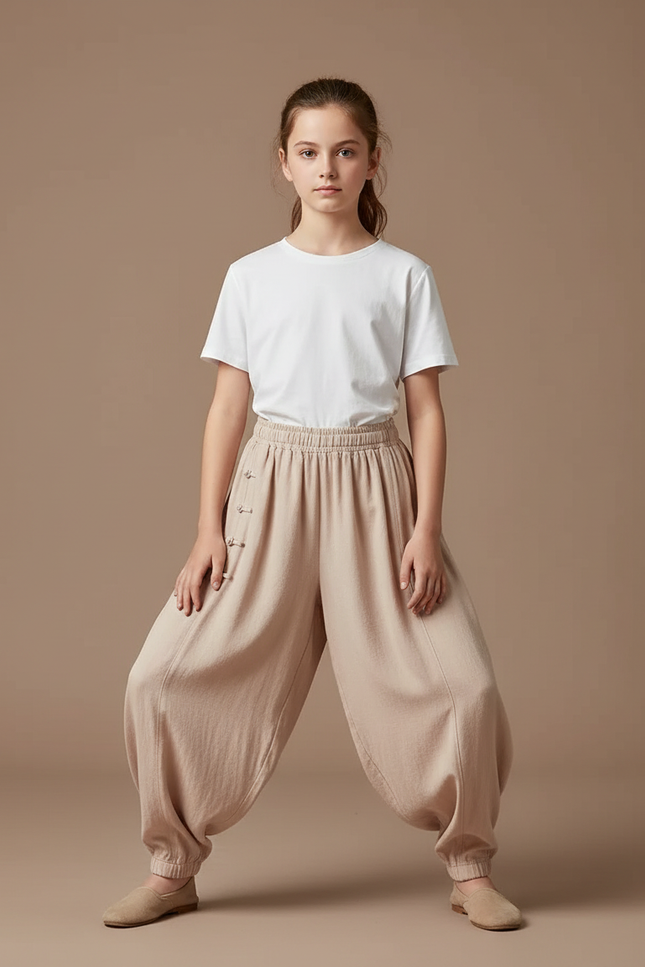 Pantalon Chinois Beige Ample Coton Boutons Traditionnel