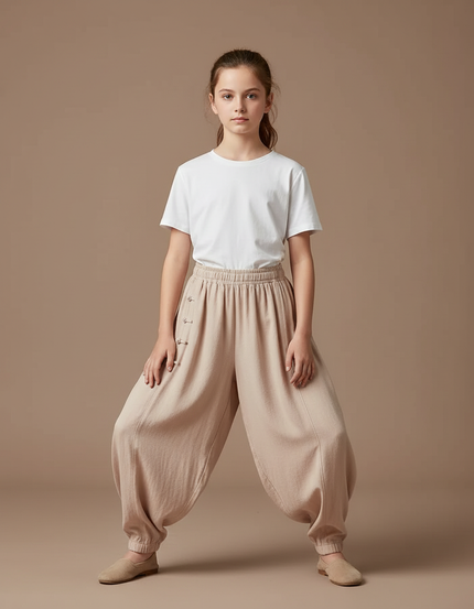Pantalon Chinois Beige Ample Coton Boutons Traditionnel