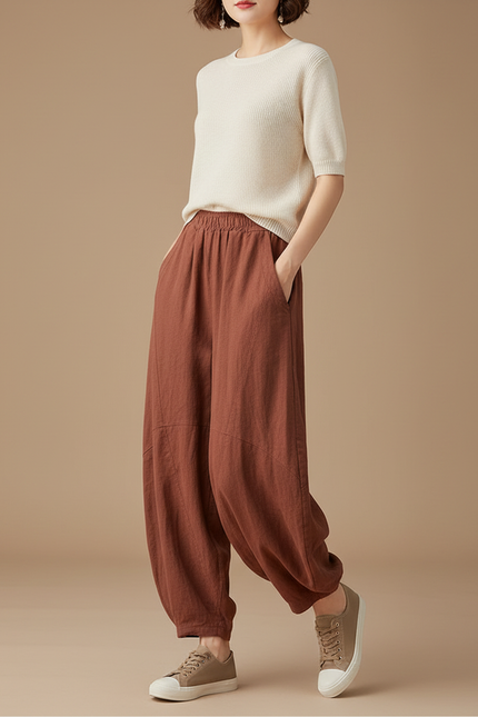 Pantalon Chinois Marron Ample Coton Lin Vintage Harem