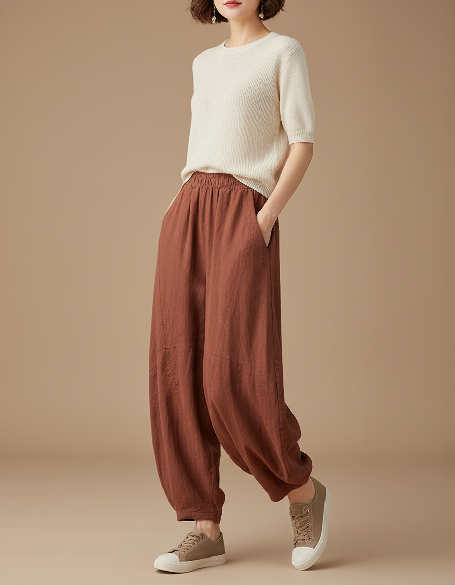 Pantalon Chinois Marron Ample Coton Lin Vintage Harem
