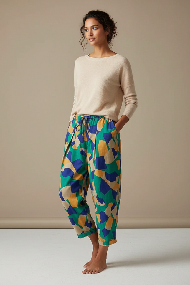 Pantalon Chinois Imprimé Géométrique Fluide Coton Estival - Multicolore