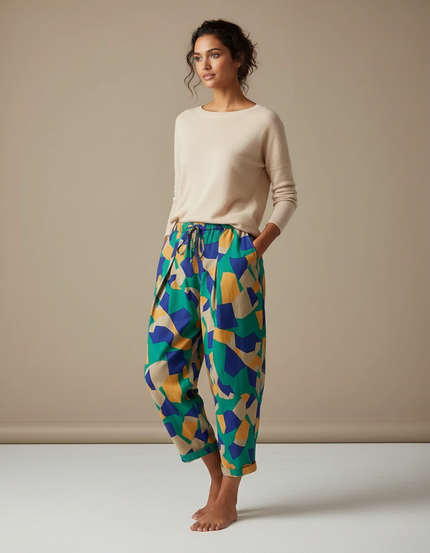 Pantalon Chinois Imprimé Géométrique Fluide Coton Estival - Multicolore