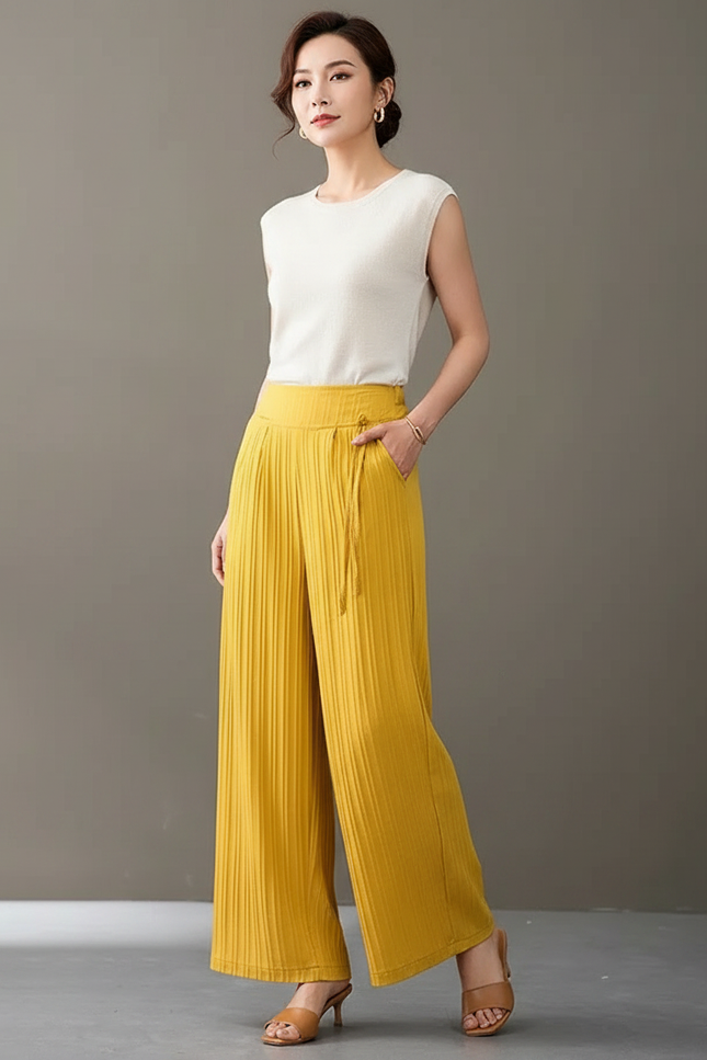 Pantalon Chinois Jaune Plissé Ample Taille Haute - Maille
