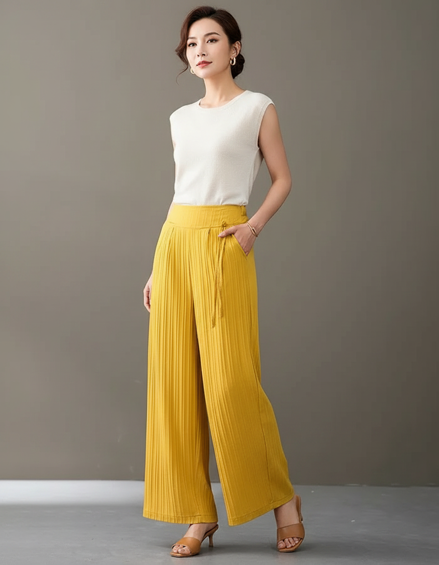 Pantalon Chinois Jaune Plissé Ample Taille Haute - Maille